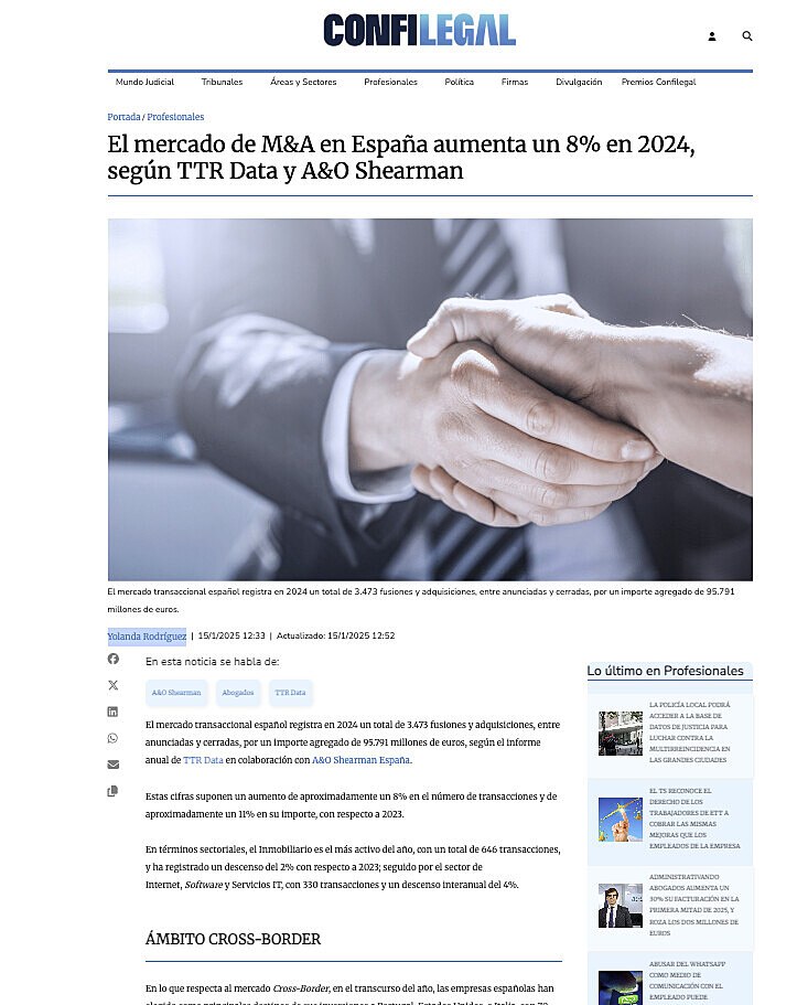 El mercado de M&A en Espaa aumenta un 8% en 2024, segn TTR Data y A&O Shearman